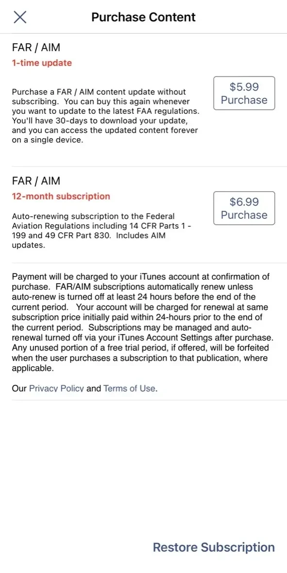 PilotFAR / AIM paywall screen