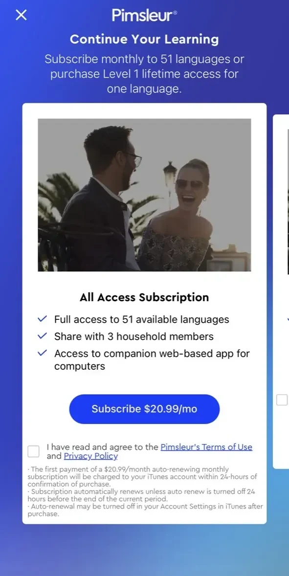 Pimsleur paywall screen