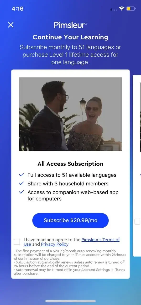 Pimsleur paywall screen