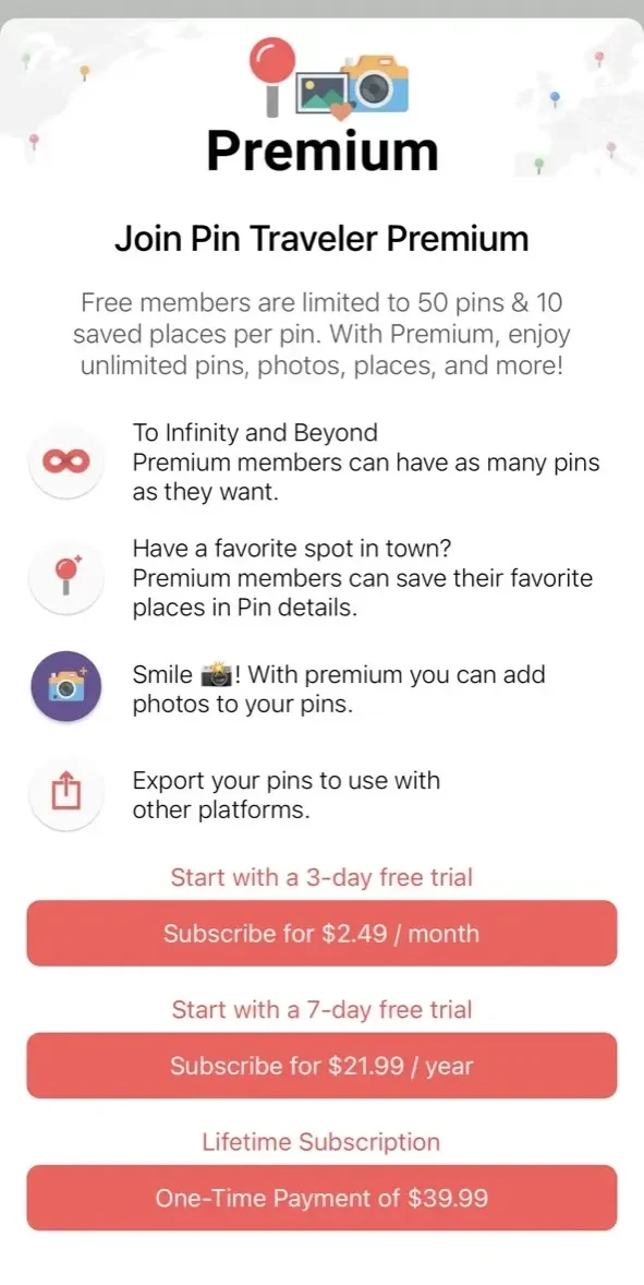 Pin Traveler paywall screen