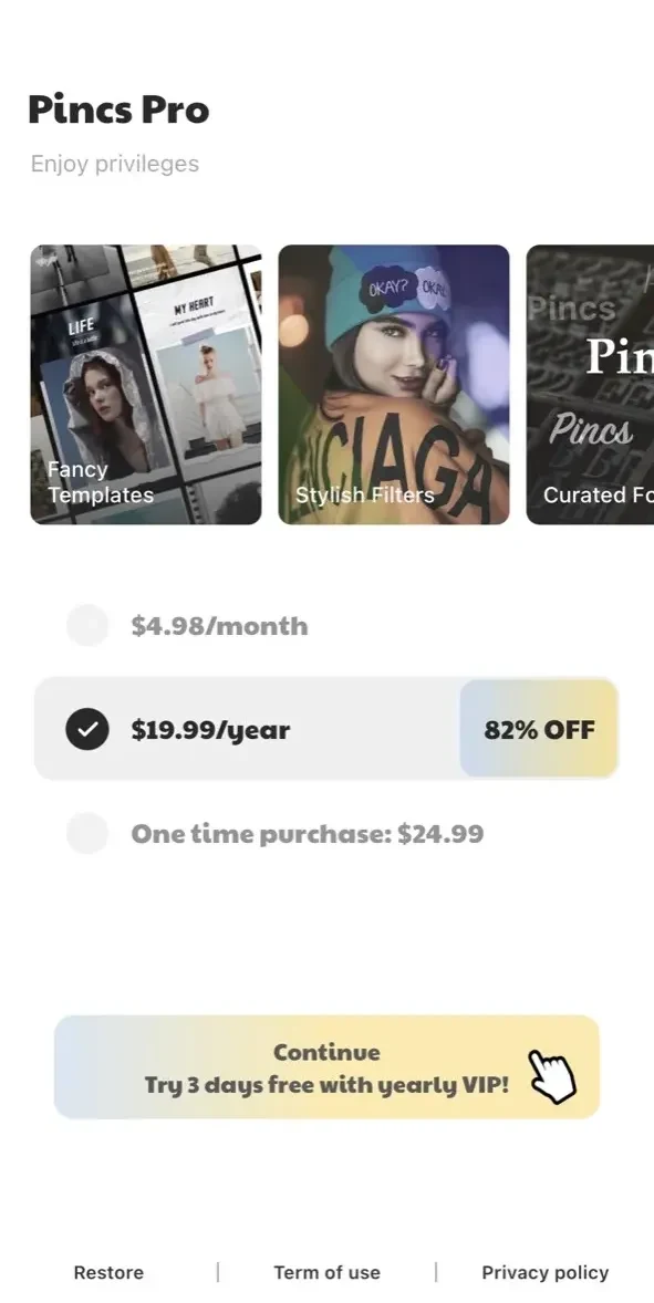 Pincs paywall screen