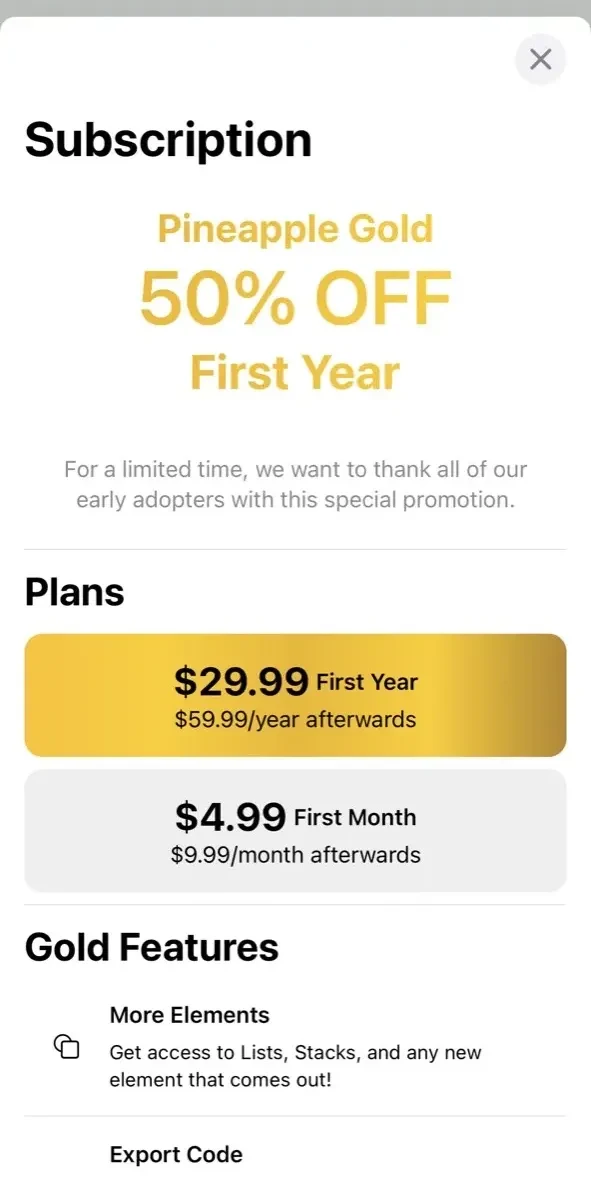 Pineapple paywall screen