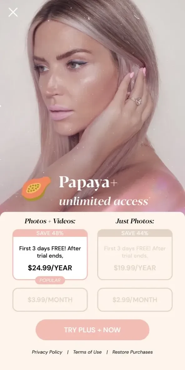 Pink Papaya paywall screen