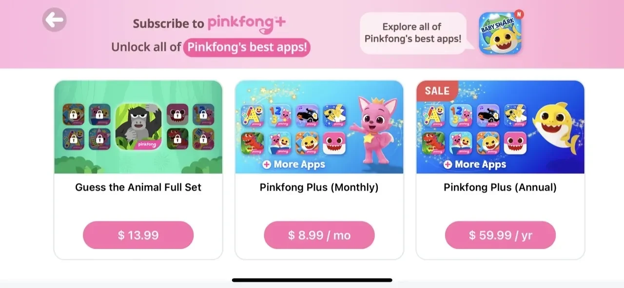 Pinkfong Guess the Animal paywall screen