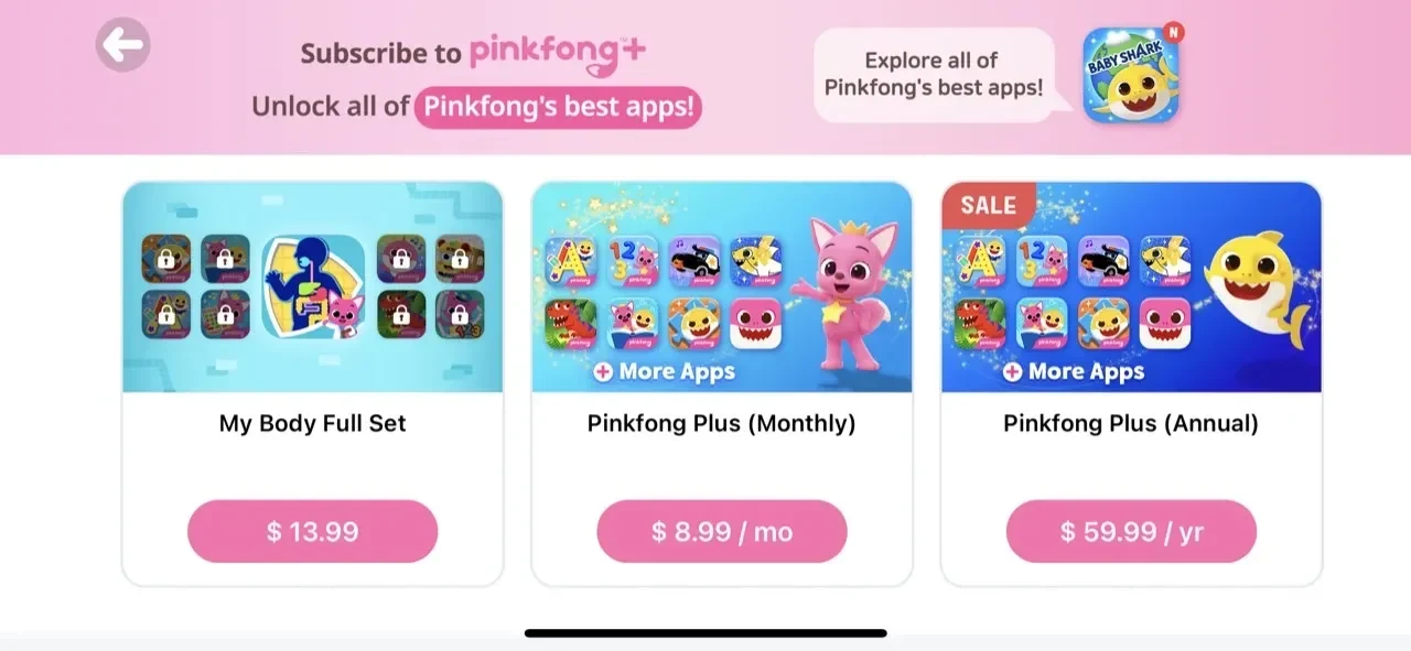 Pinkfong My Body paywall screen