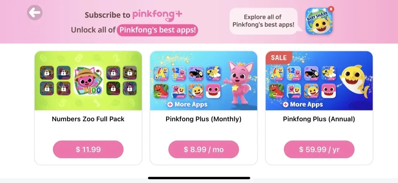 Pinkfong Numbers Zoo paywall screen