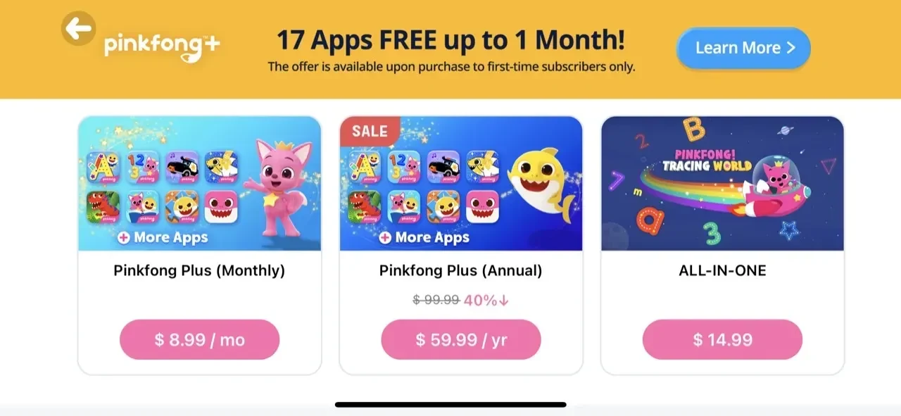 Pinkfong Tracing World paywall screen