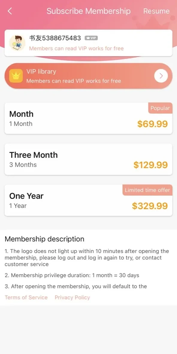 Pinky Novel paywall screen