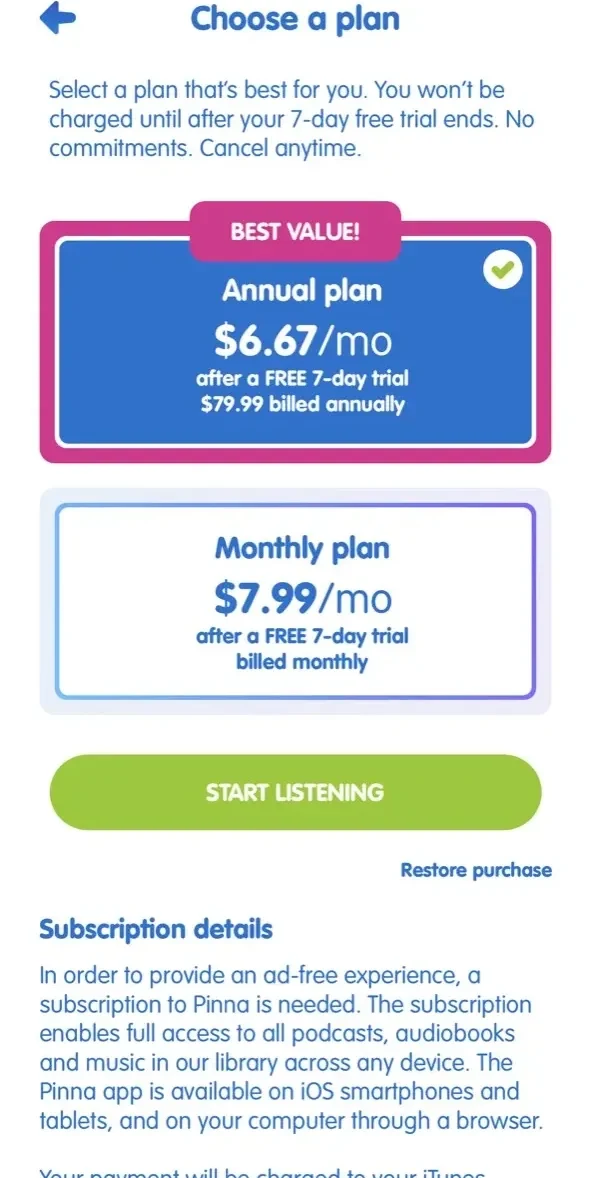 Pinna paywall screen