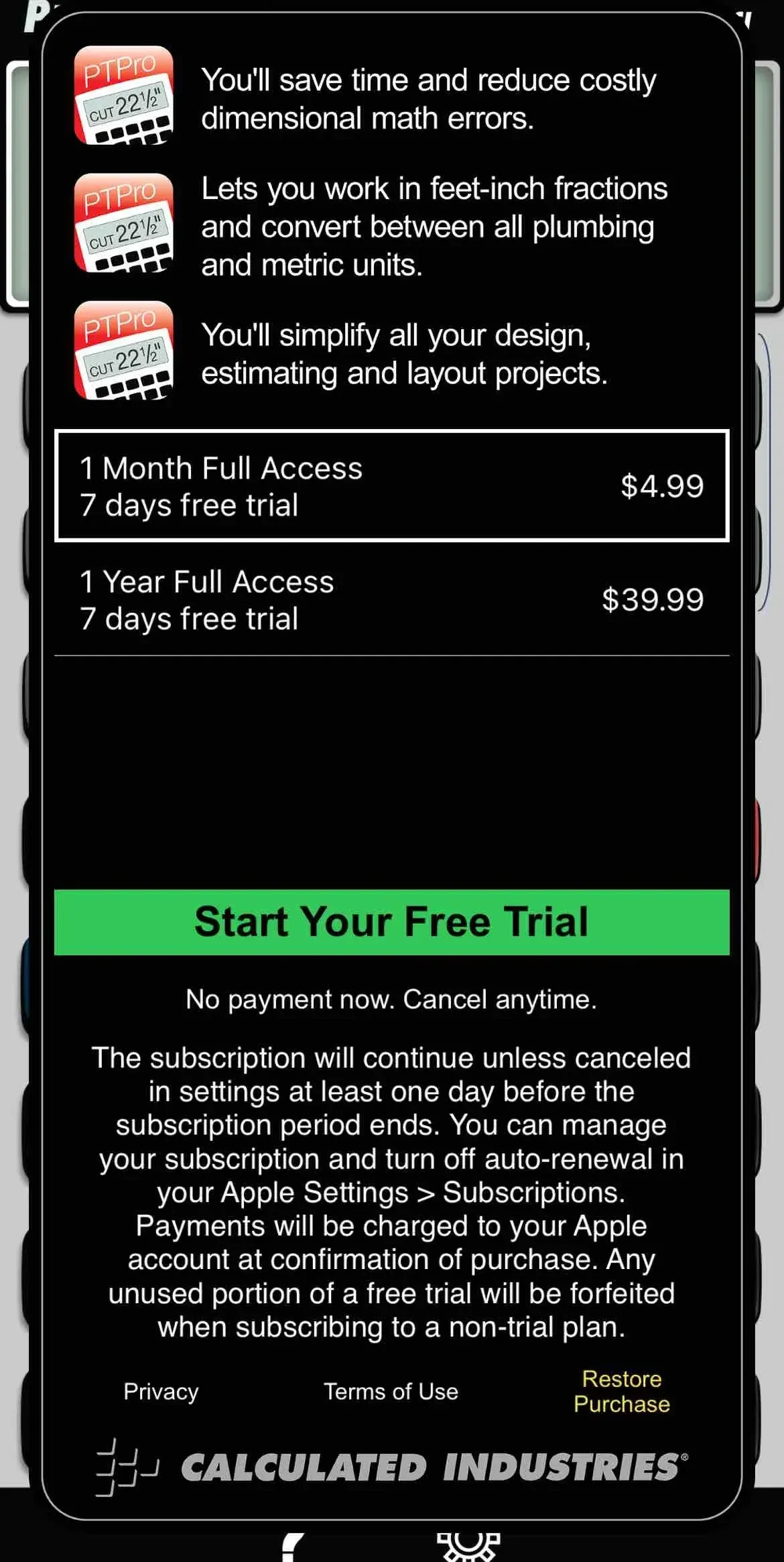 Pipe Trades Pro paywall screen