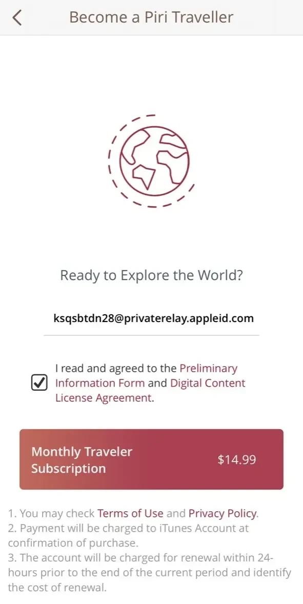 Piri Guide paywall screen