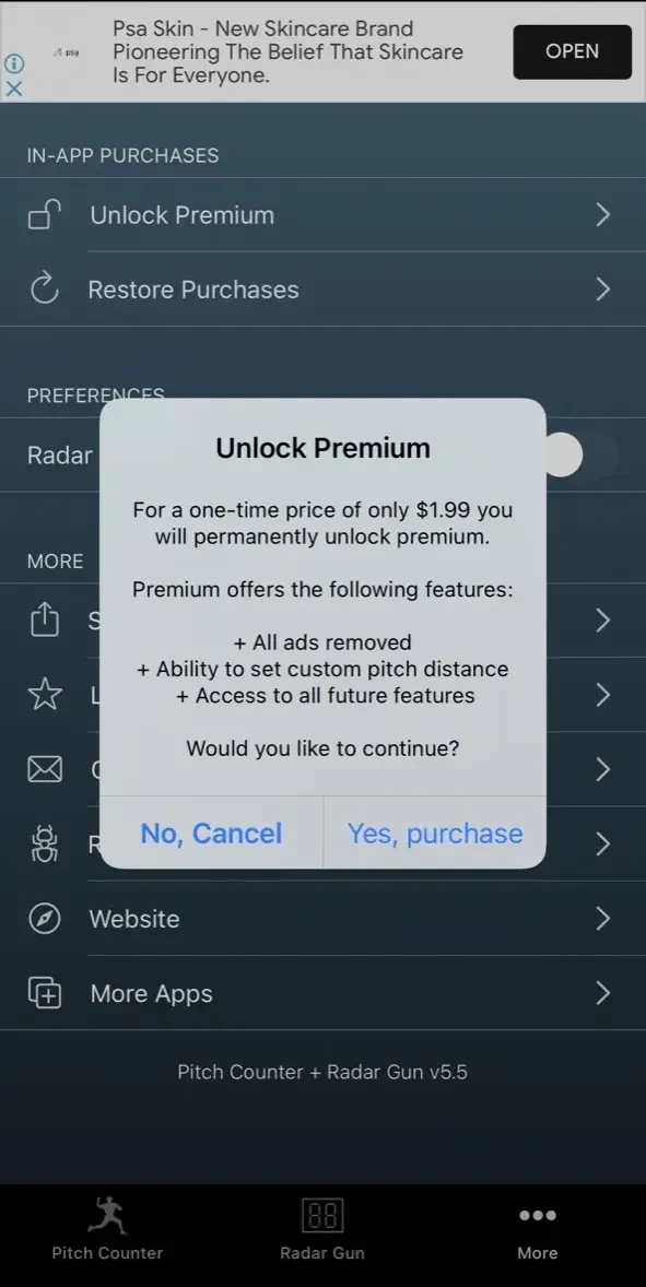 Pitch Counter paywall screen