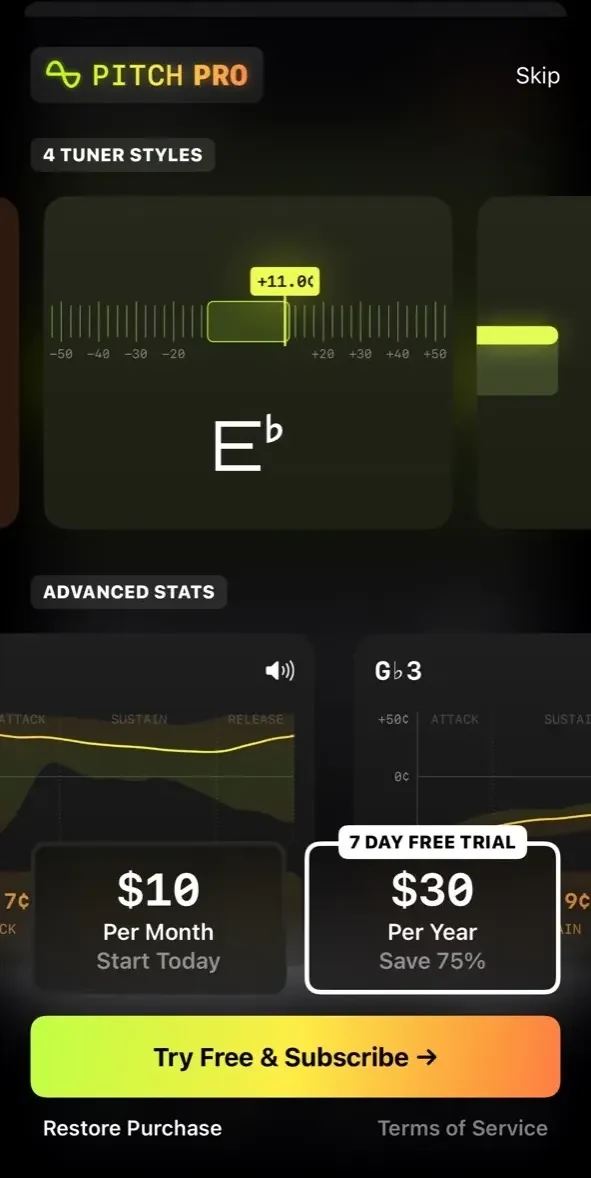Pitch Pro Tuner paywall screen