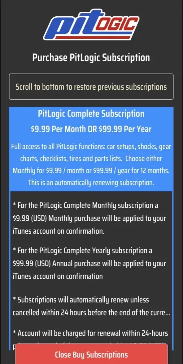 PitLogic paywall screen