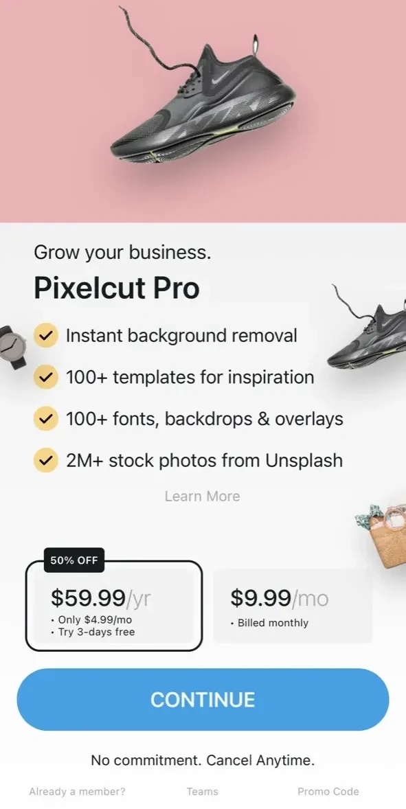 Pixelcut AI Photo Editor paywall screen