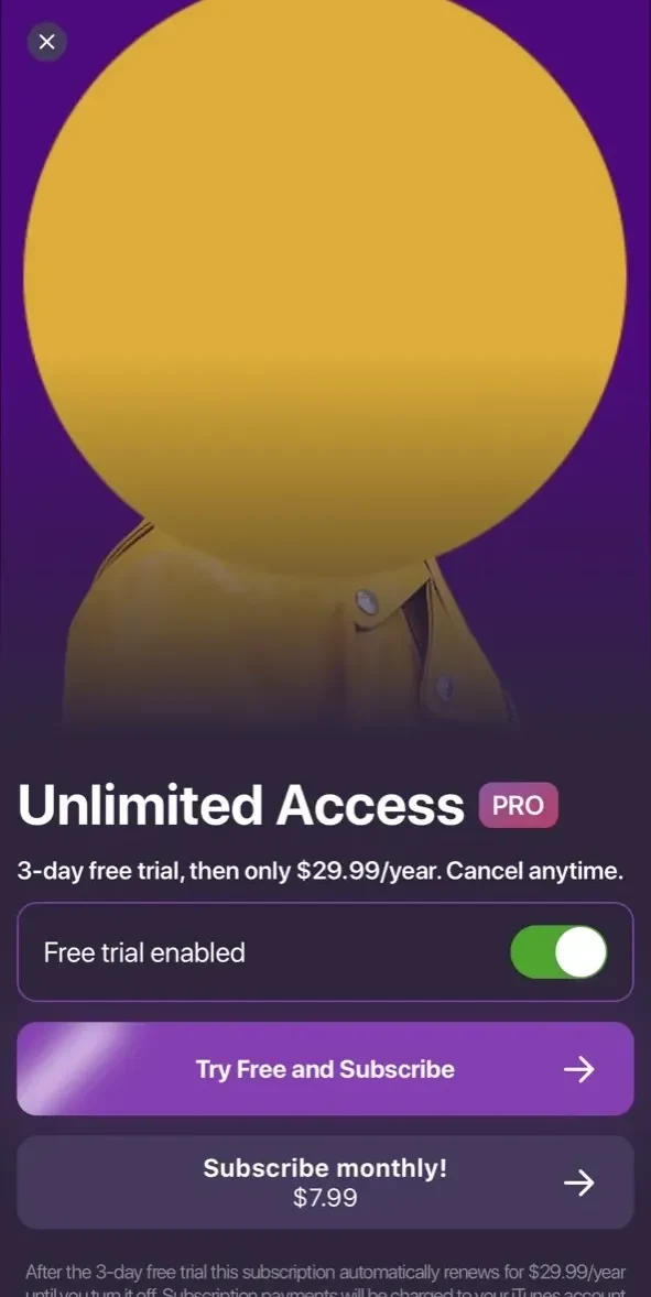 Pixomatic paywall screen