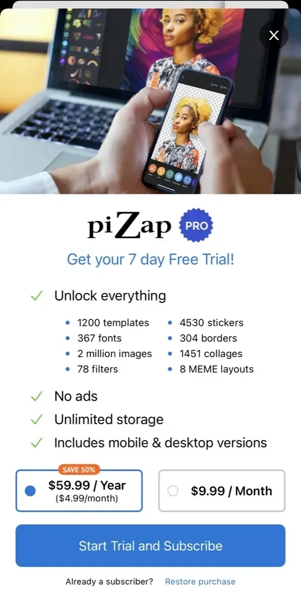 piZap paywall screen