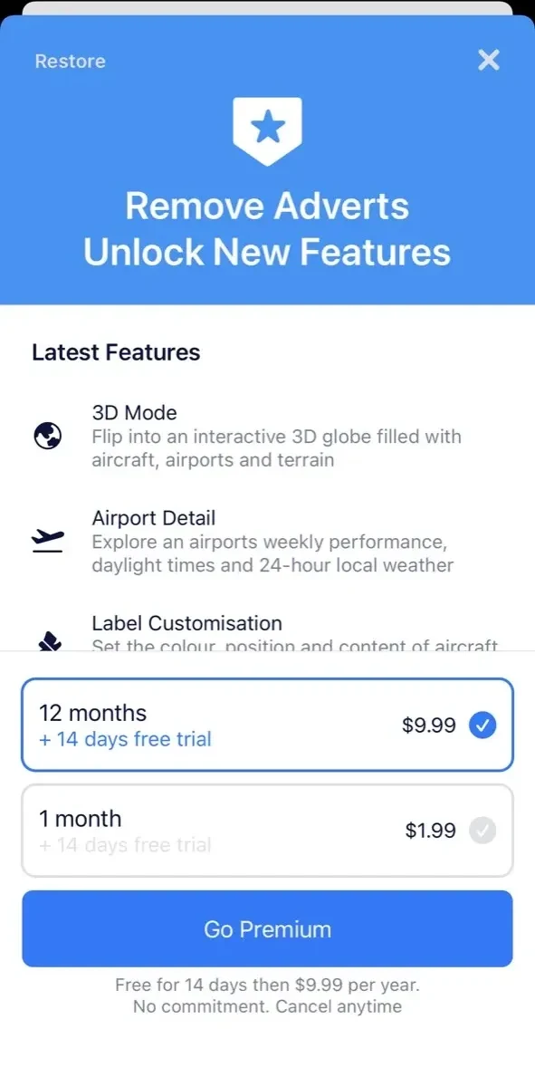 Plane Finder ⁃ Flight Tracker paywall screen