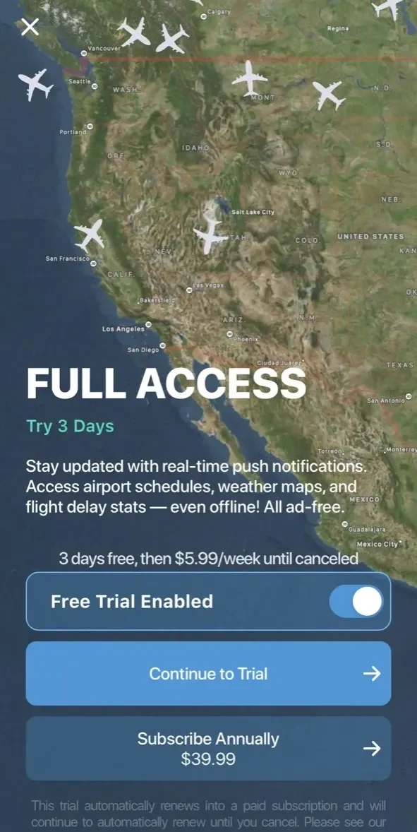 Planes Live paywall screen