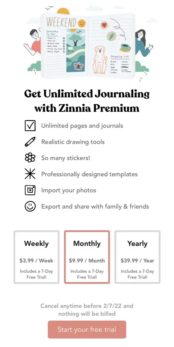 Zinnia paywall screen
