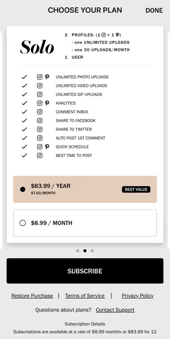 Planoly paywall screen