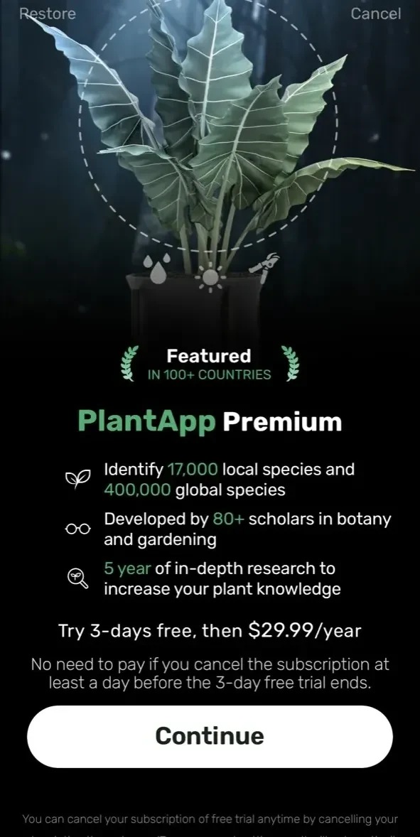 Plant App paywall screen
