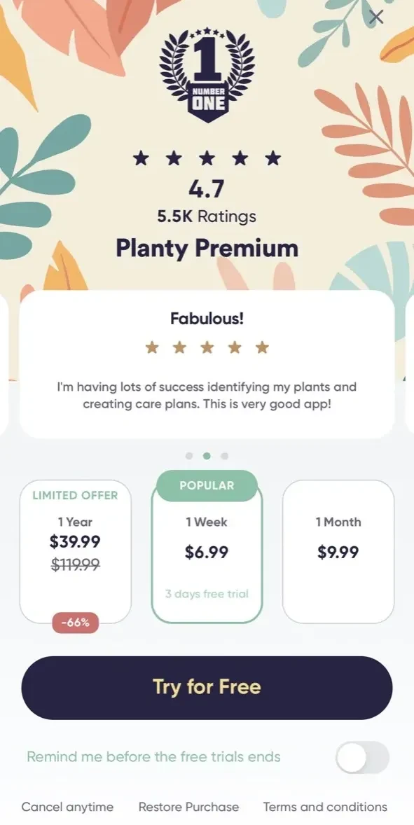 Plant Identifier paywall screen