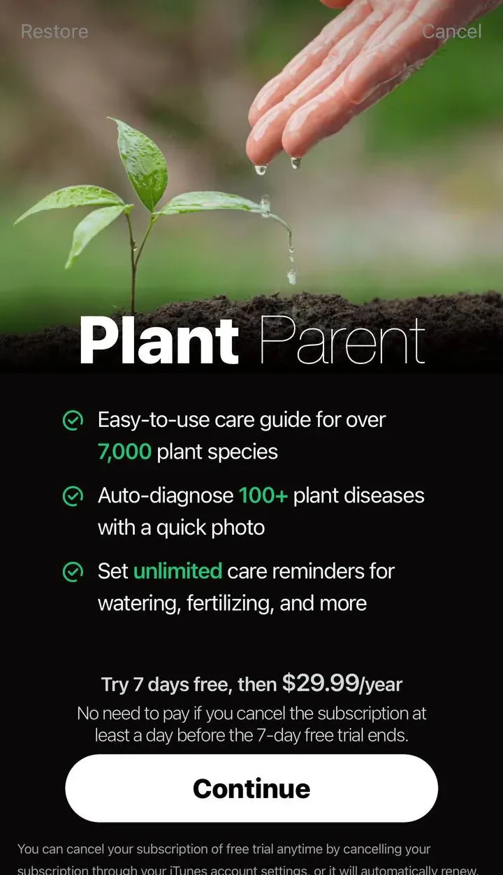 Plant Parent paywall screen