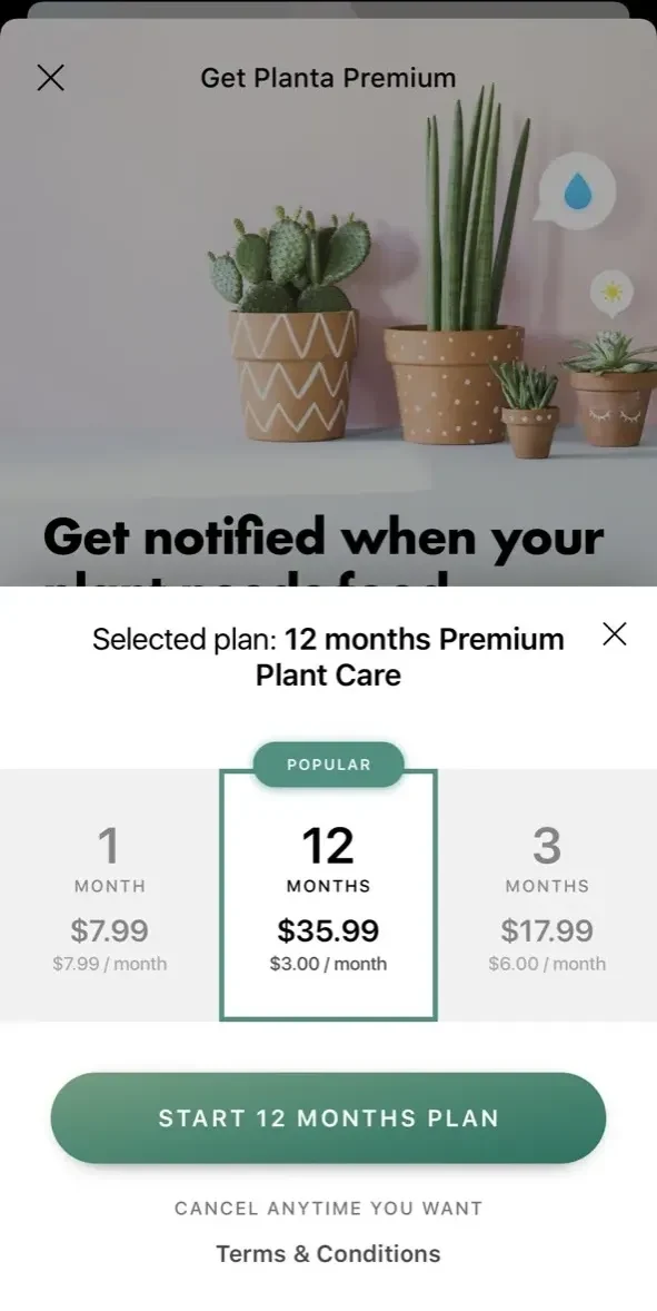 Planta paywall screen