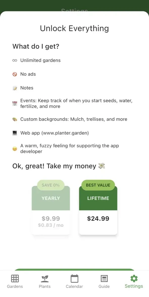 Planter paywall screen