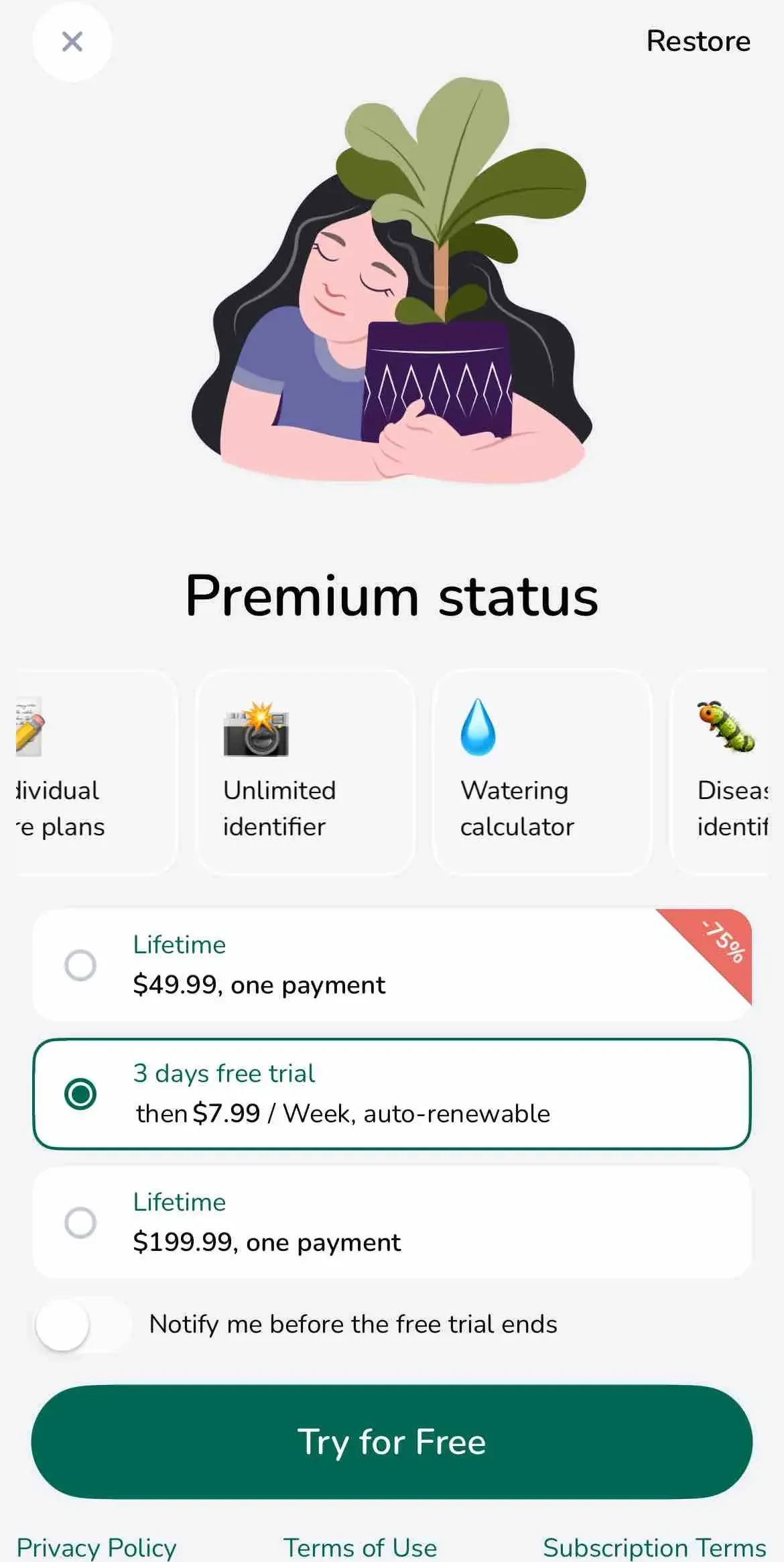 Plantfie paywall screen