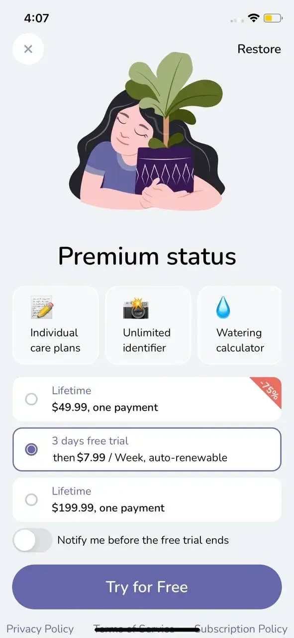 Plantfie paywall screen