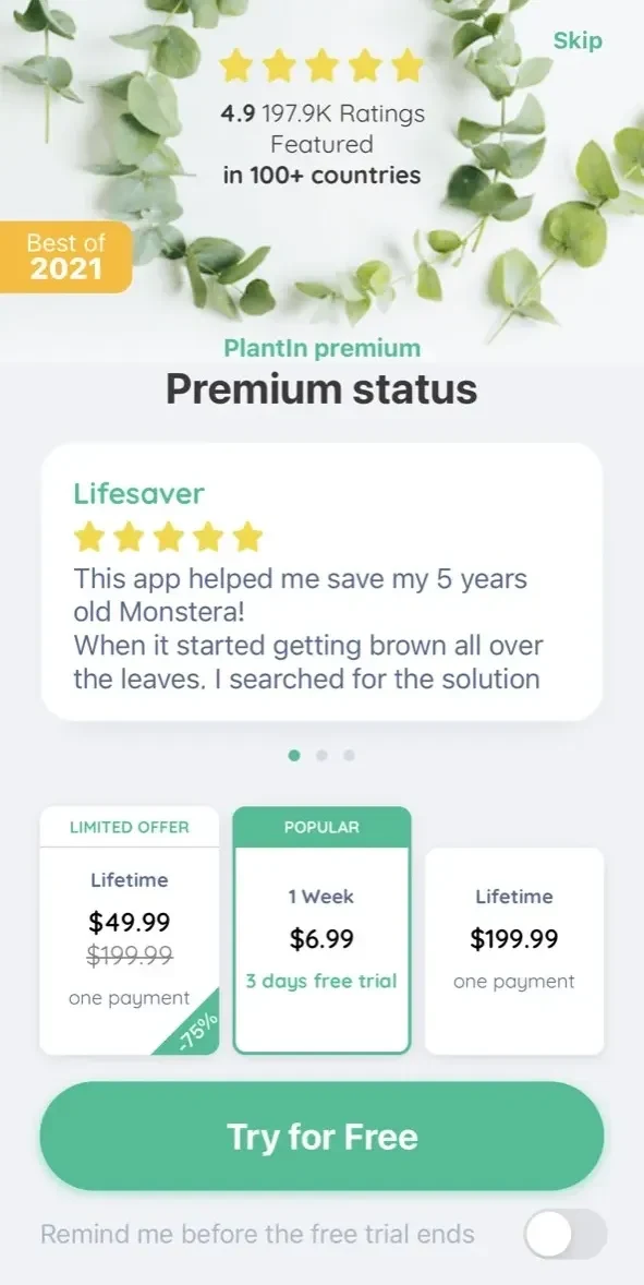 PlantIn paywall screen