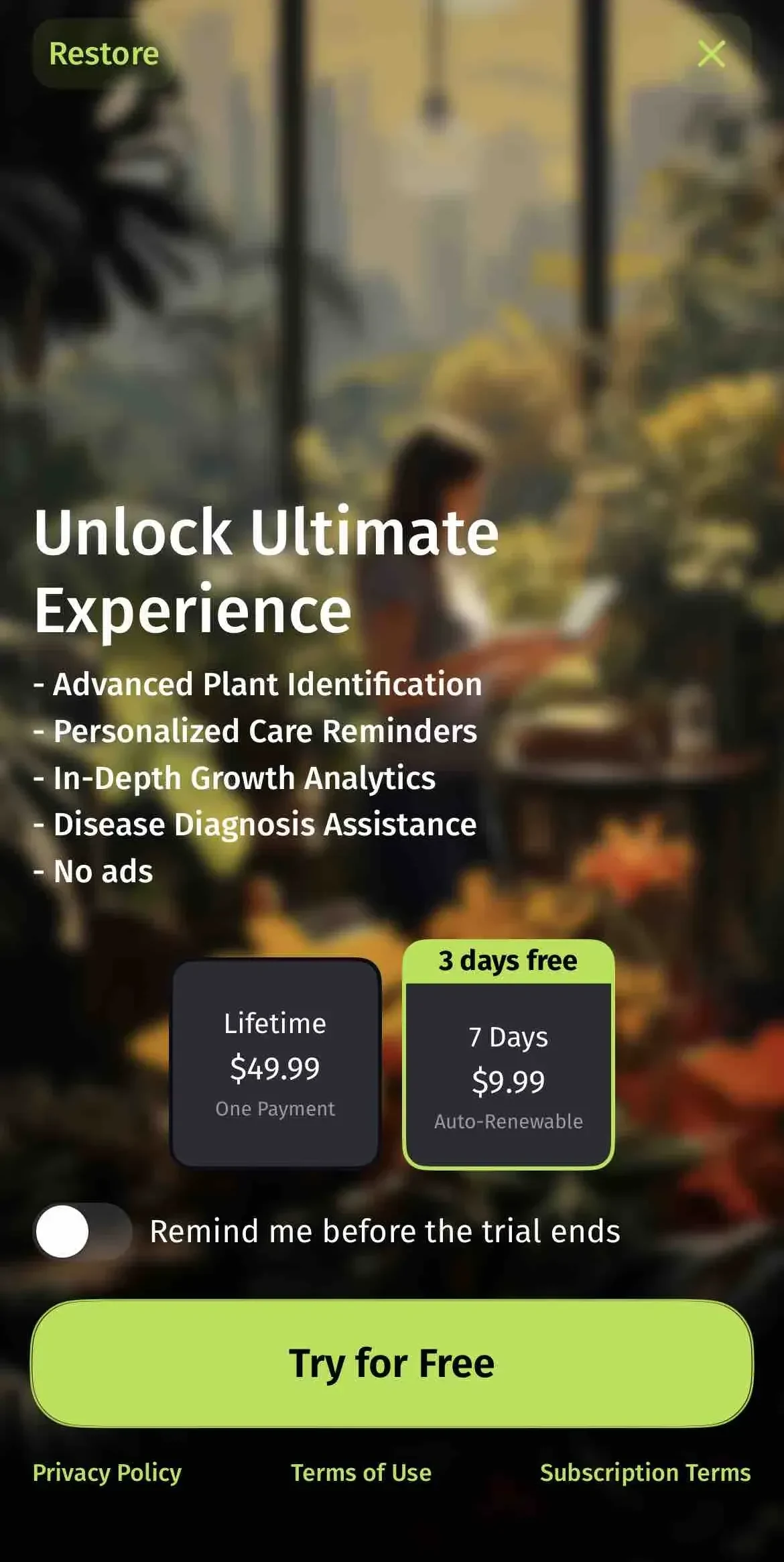 Plantion paywall screen