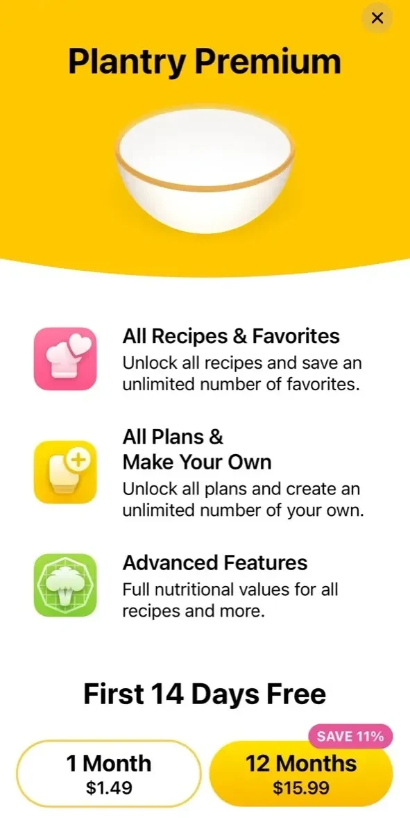 Plantry paywall screen