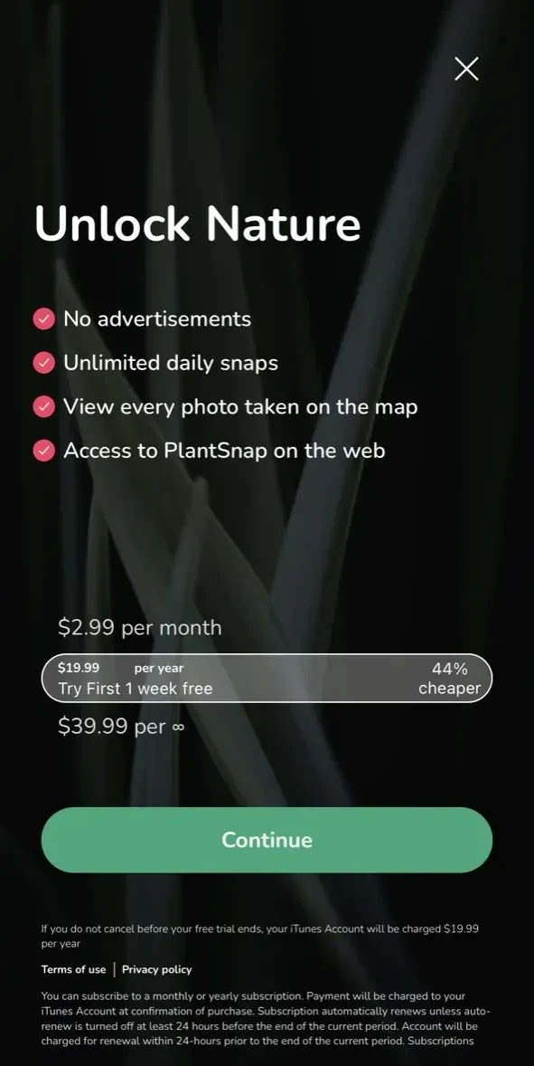 PlantSnap paywall screen