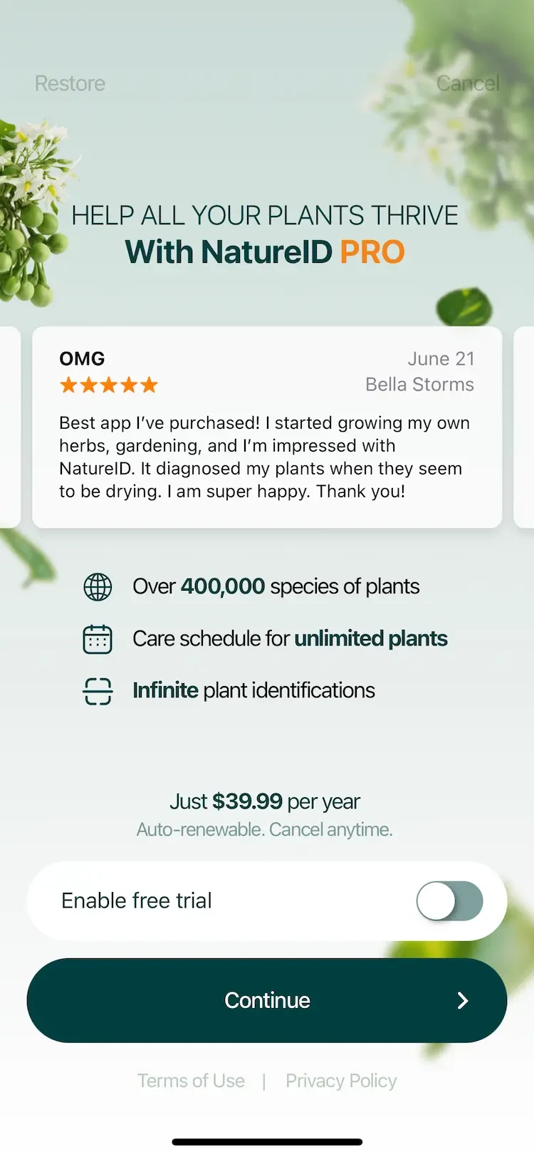 Plantum paywall screen