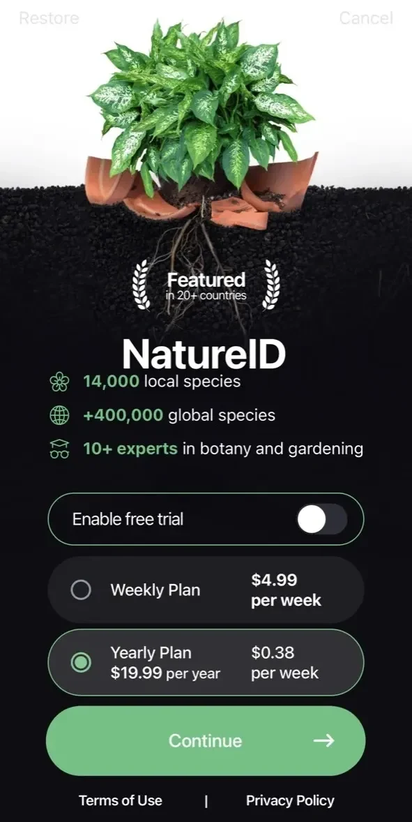 Plantum paywall screen