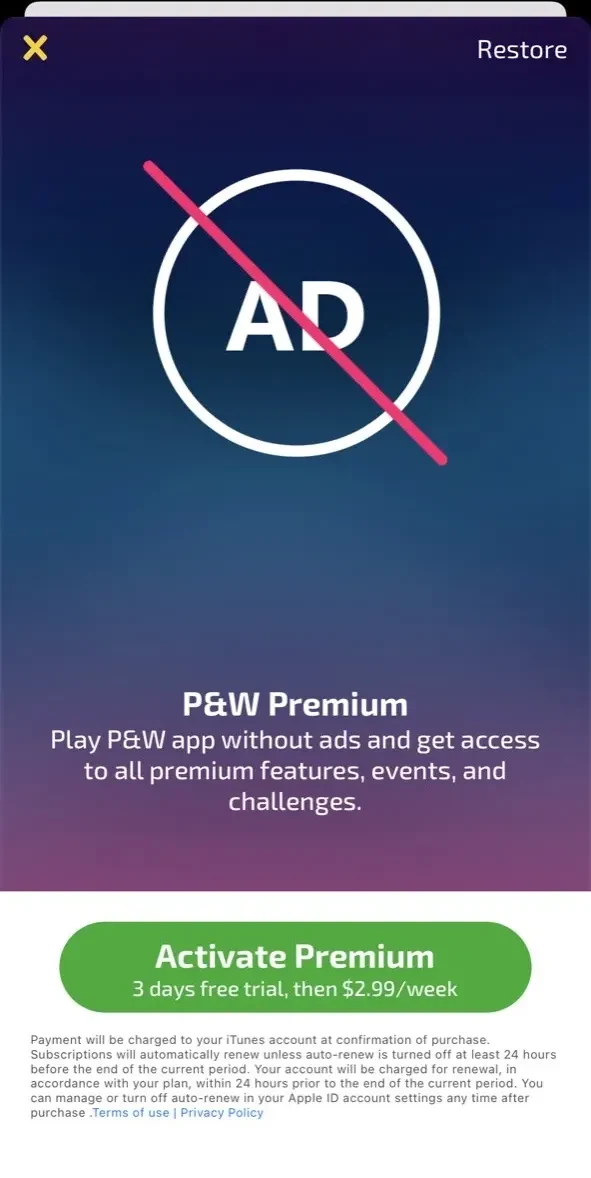 Play and Win paywall screen