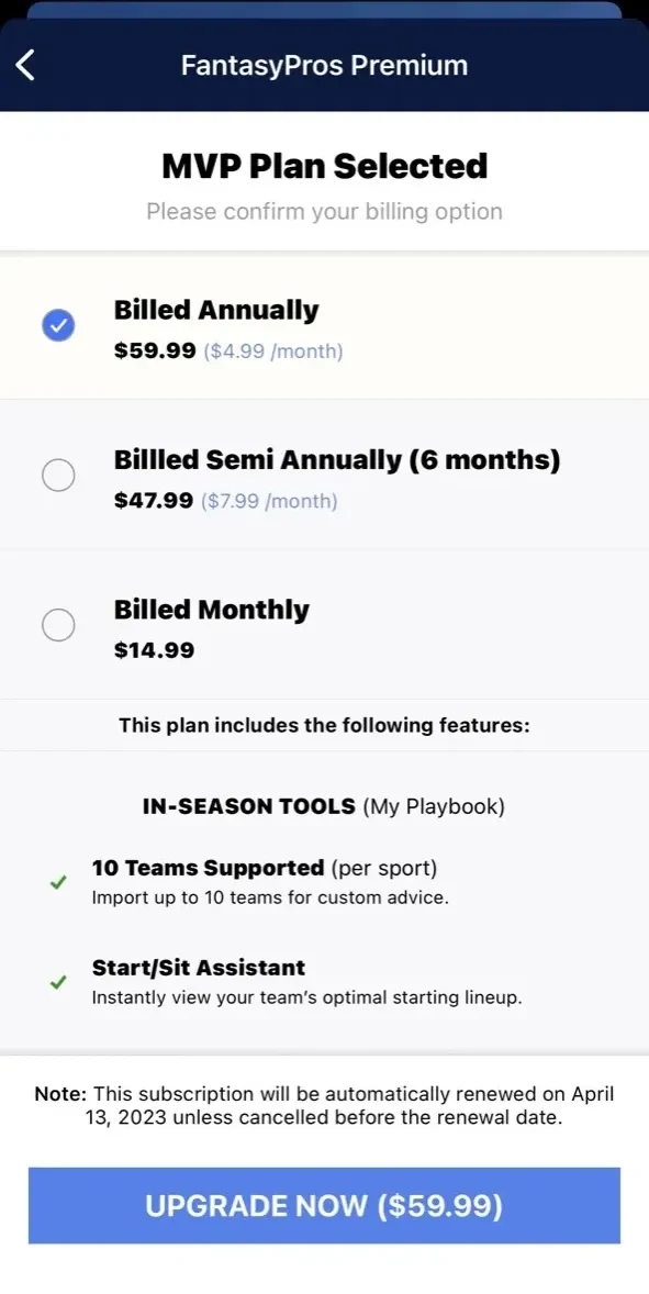 Fantasy Baseball My Playbook paywall screen