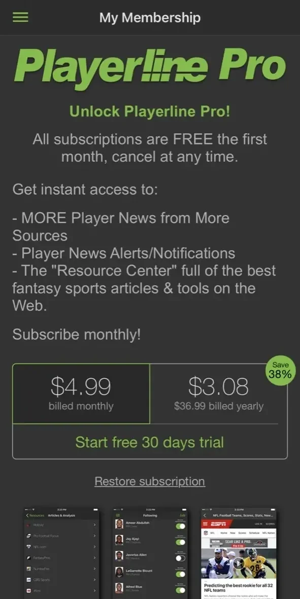 Playerline Fantasy Sports News paywall screen