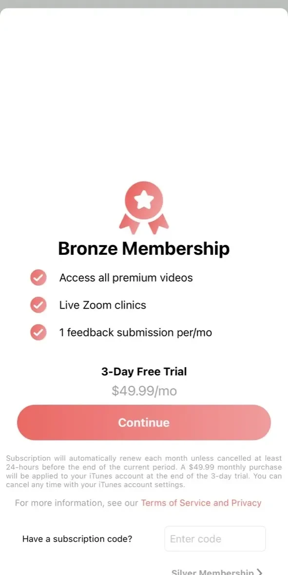 Players Academy paywall screen