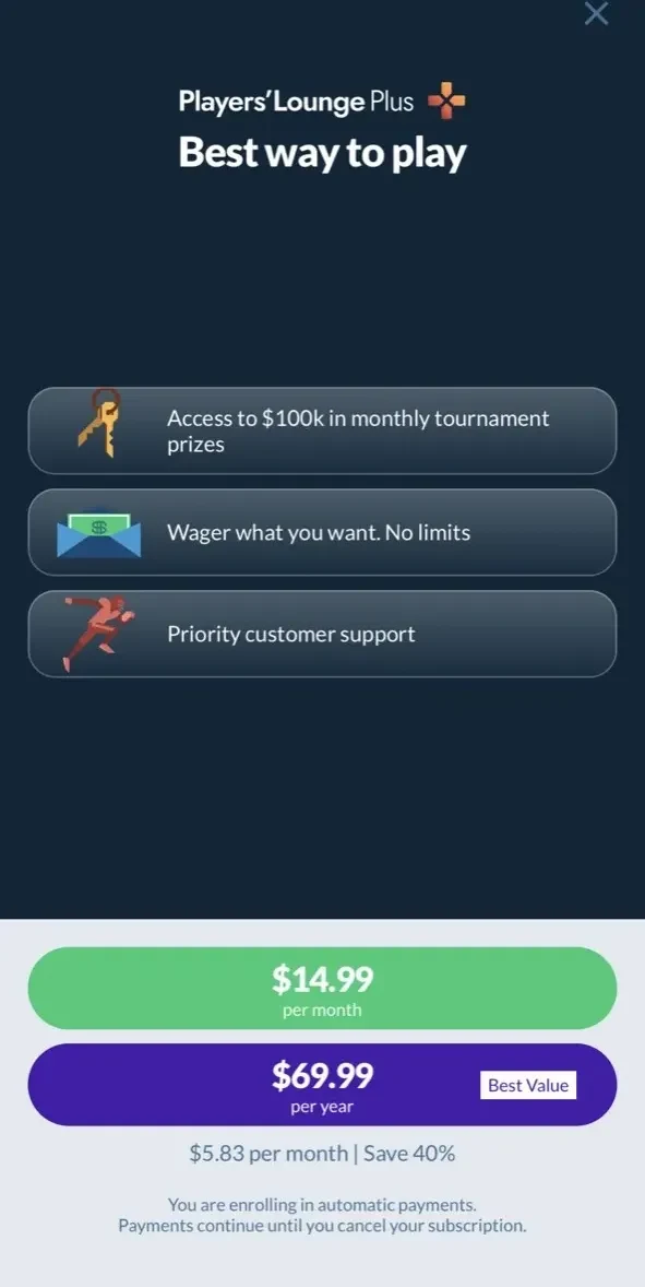 Players' Lounge Sports paywall screen