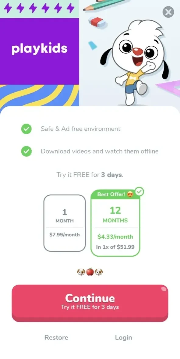 PlayKids+ Kids Learning Games paywall screen
