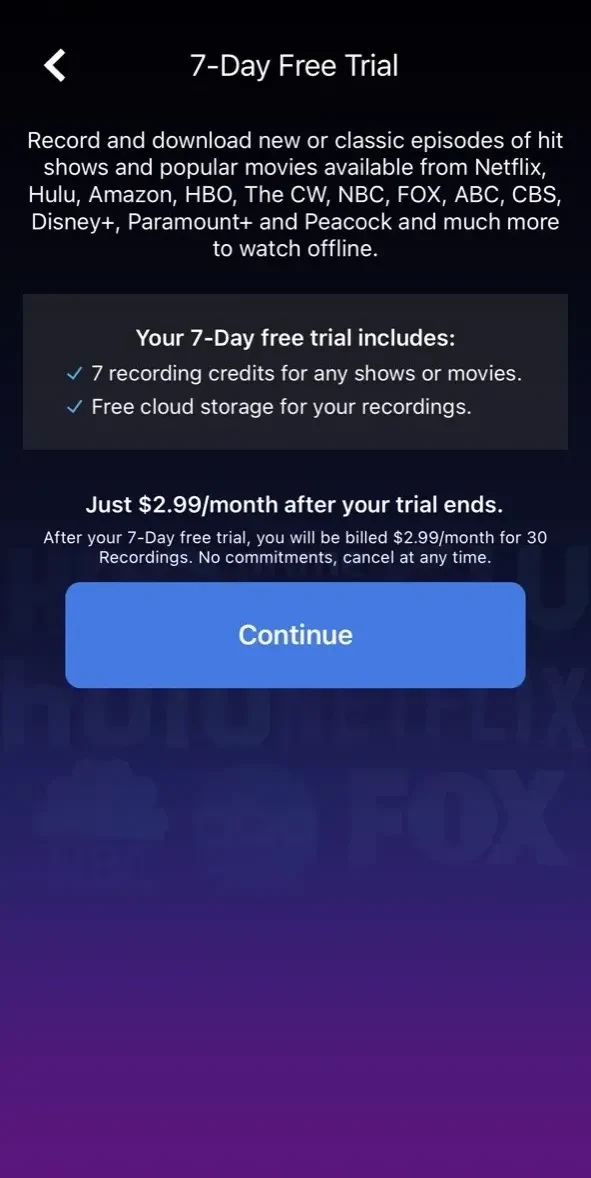 PlayOn Cloud paywall screen
