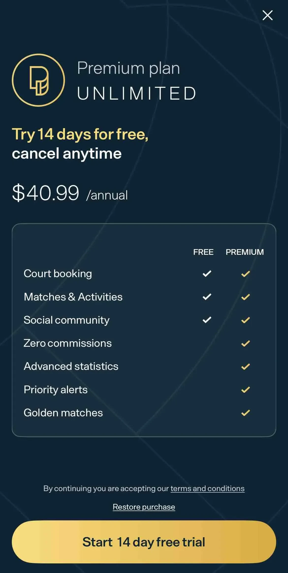 Playtomic paywall screen