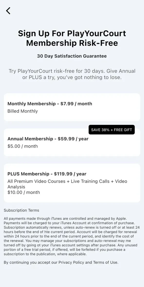 PlayYourCourt paywall screen