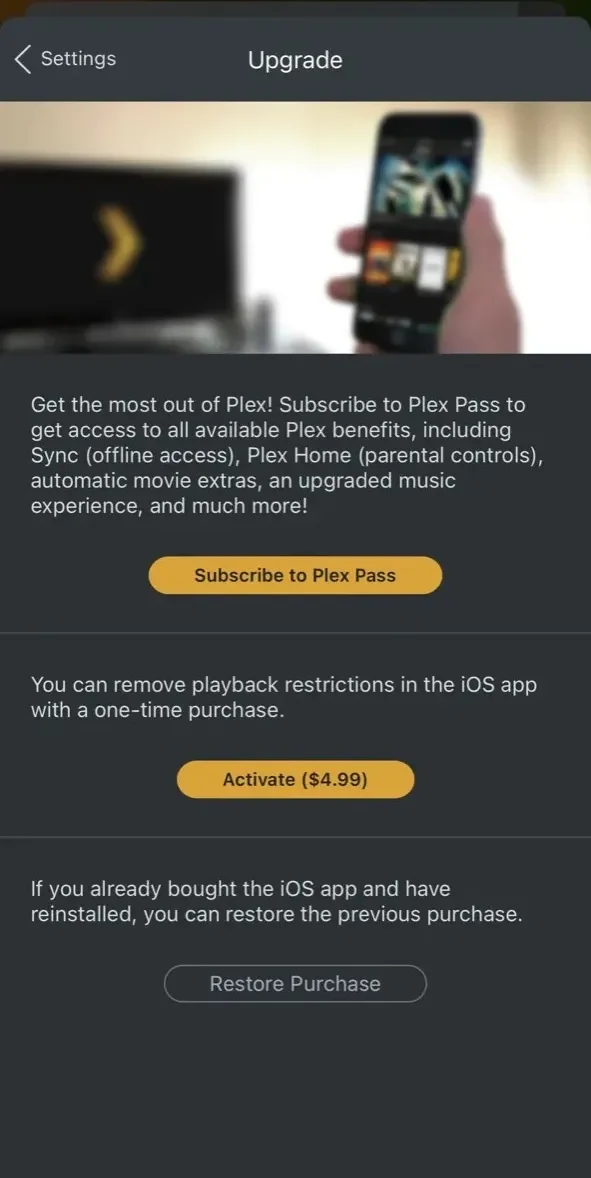 Plex paywall screen