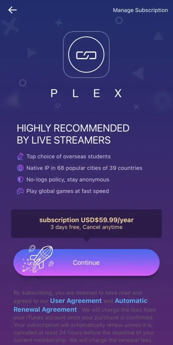 PlexVPN paywall screen