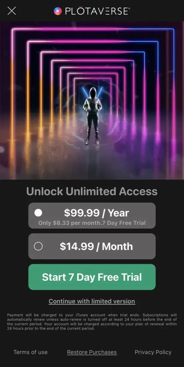 Plotaverse paywall screen